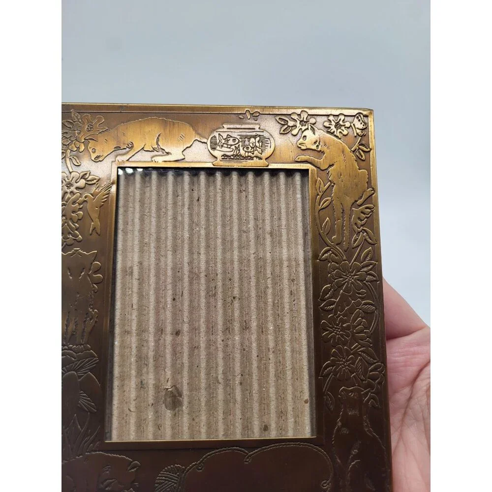 Vintage Brass Photo Frame Cats Mushrooms Floral Art Nouveau 3